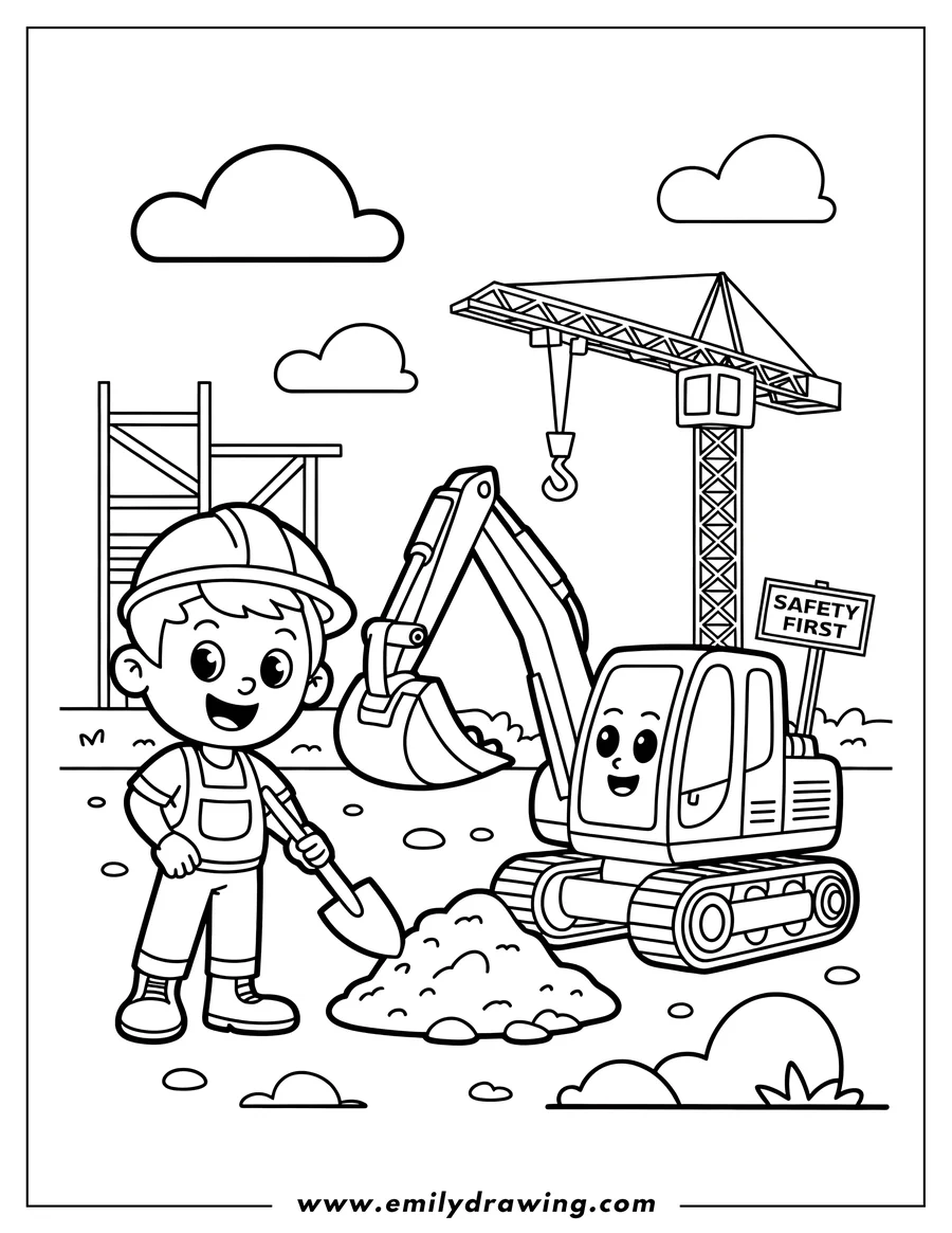 Line art of a construction worker with a shovel, an excavator, and a crane at a construction site. A sign reads 'Safety First'.