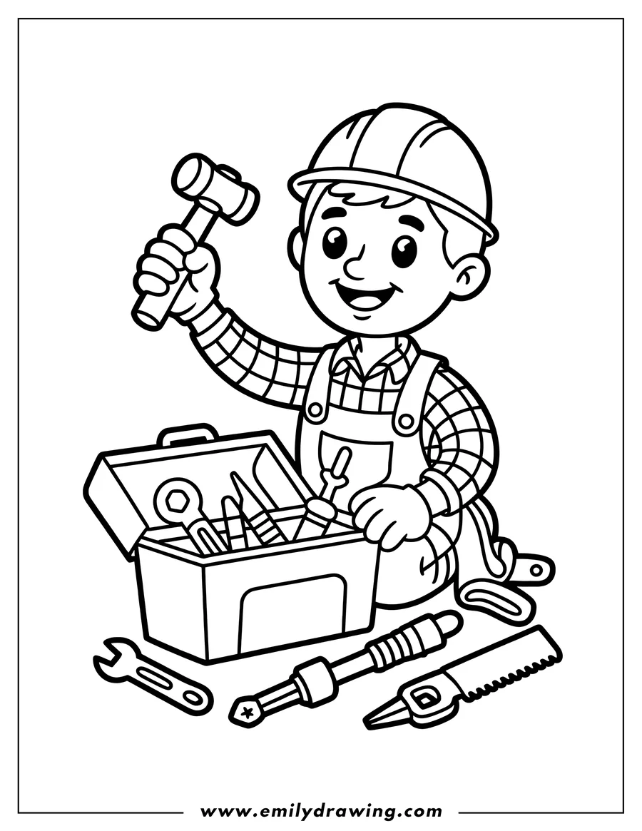 Line art of a construction worker with a toolbox and hammer, surrounded by various tools.