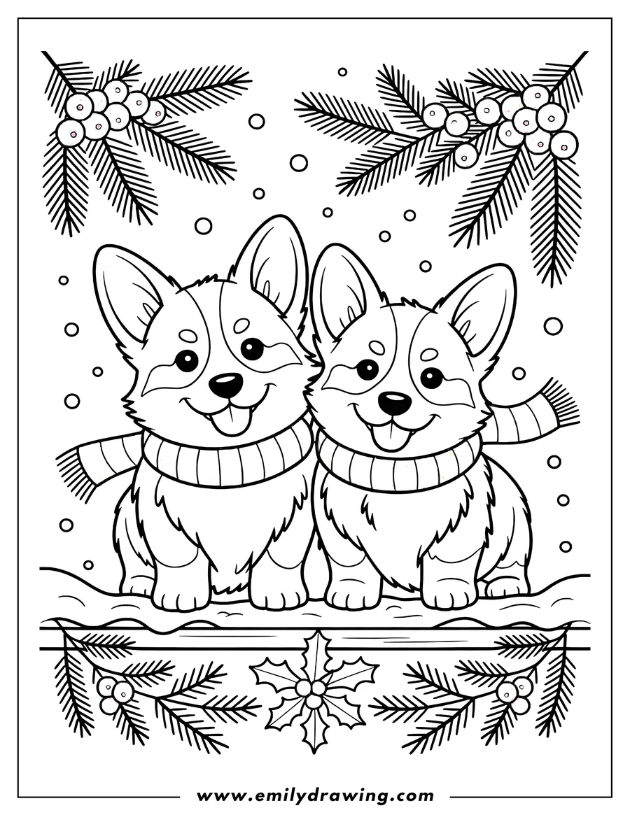 Outline of two corgis wearing scarves in the snow with winter branches and berries surrounding them.