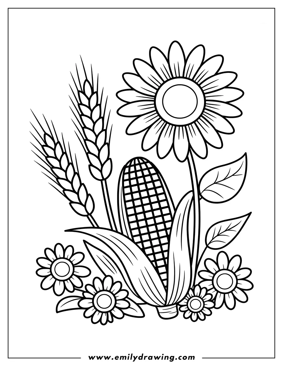 Outline of a corn cob with daisies and wheat stalks.