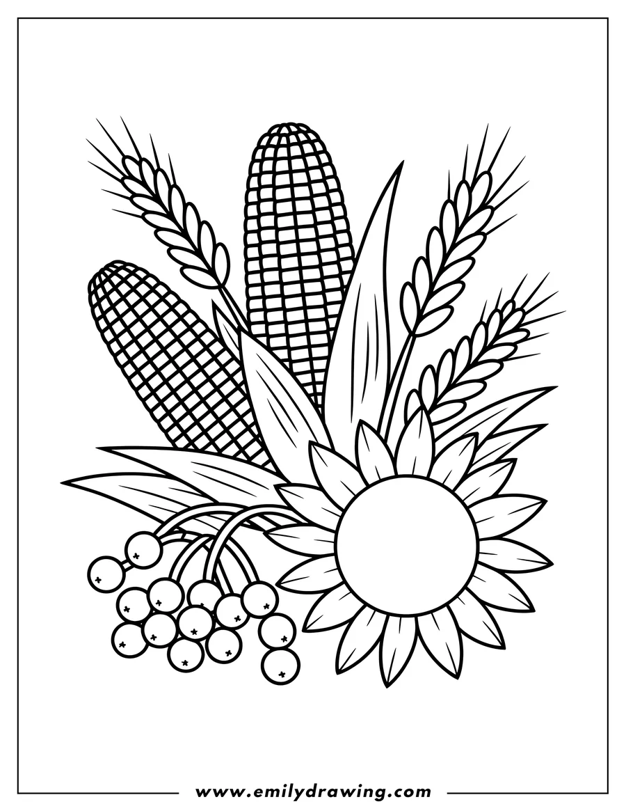 Line art of a sunflower, corn, wheat, and berries arranged together.
