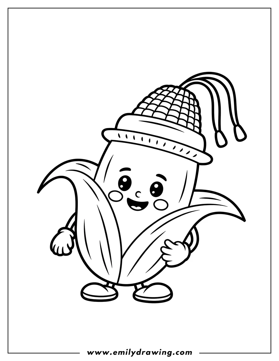 Line art of a cheerful corn cob character wearing a small corn husk hat and tiny shoes.