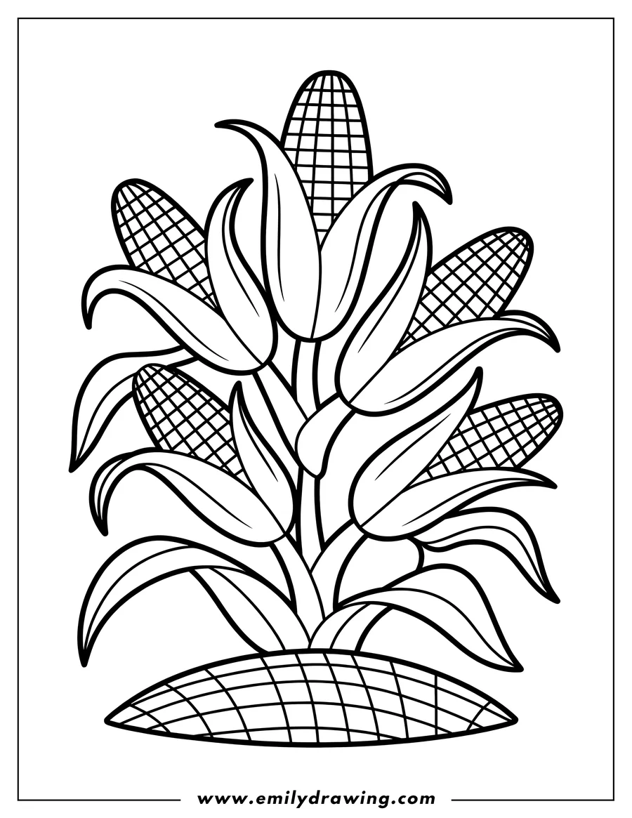 Outline of several ears of corn on a corn stalk.