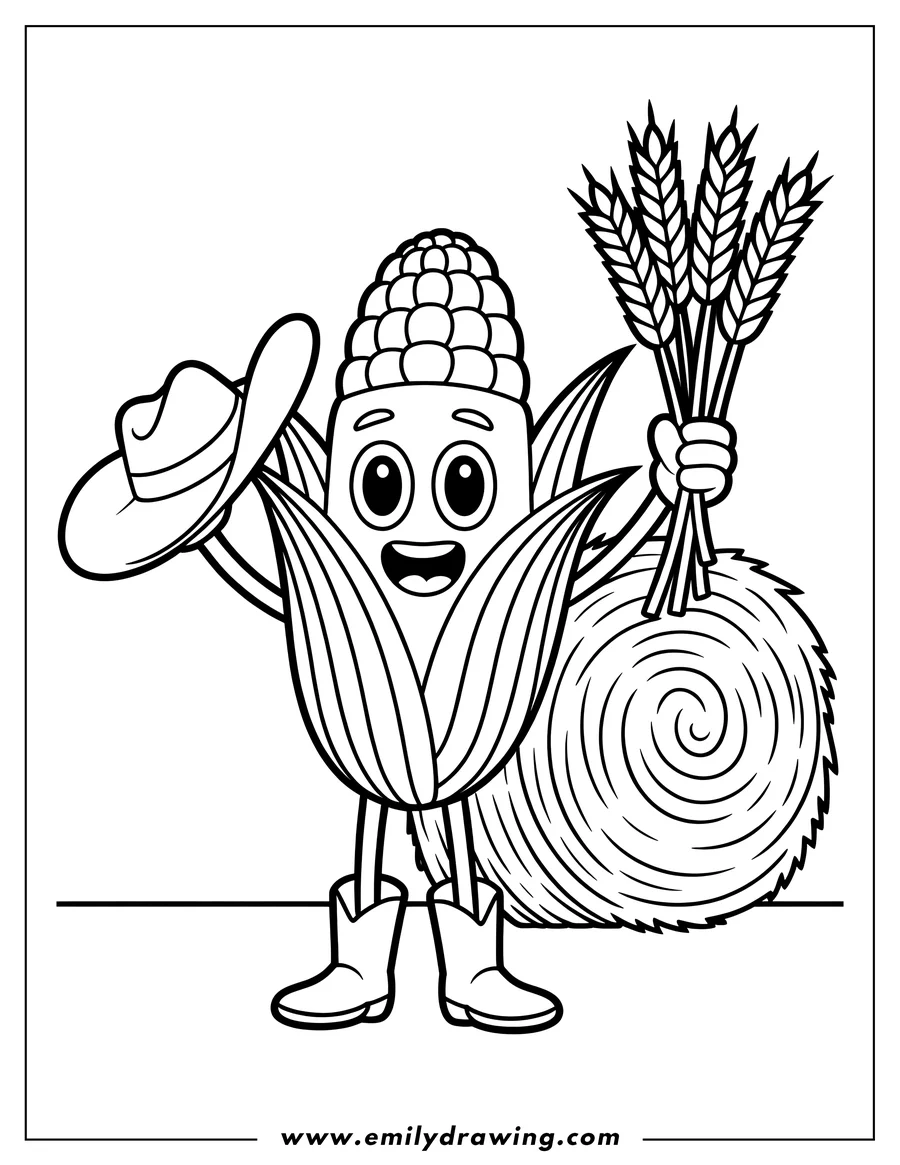 Outline of a cheerful corn cob character wearing cowboy boots and a hat, holding a bunch of wheat stalks, standing next to a hay bale.