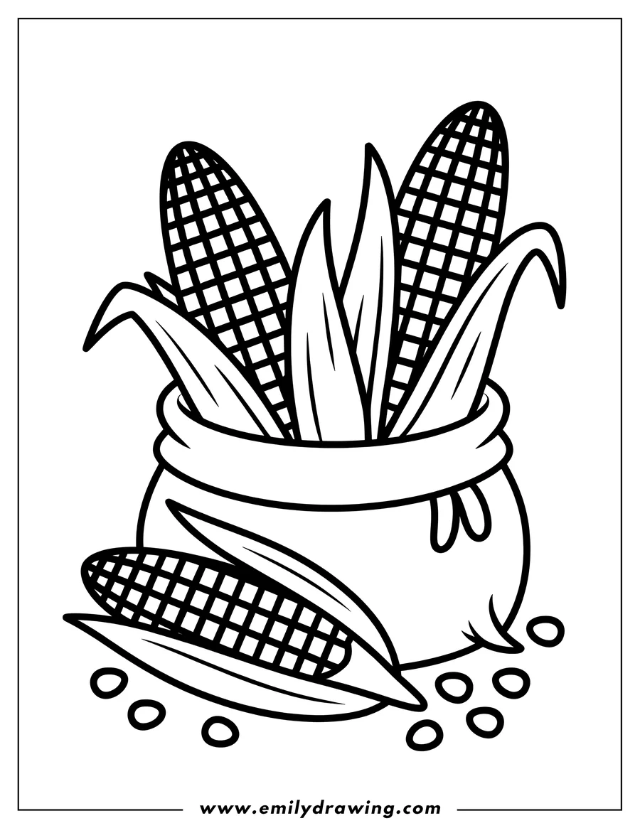 Outline of ears of corn in a cloth bag with one ear of corn and some kernels lying beside the bag.