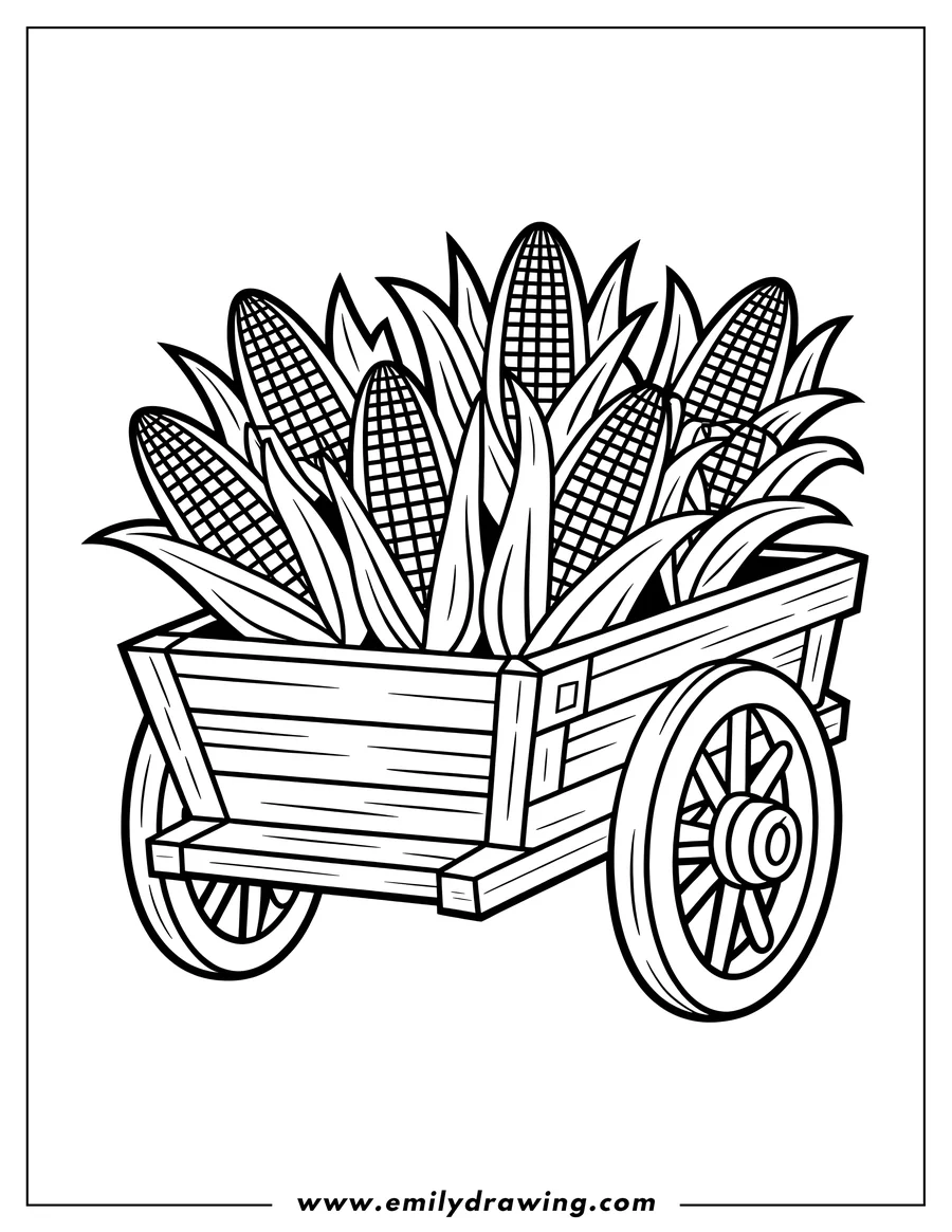Outline of several ears of corn in a wooden wagon.