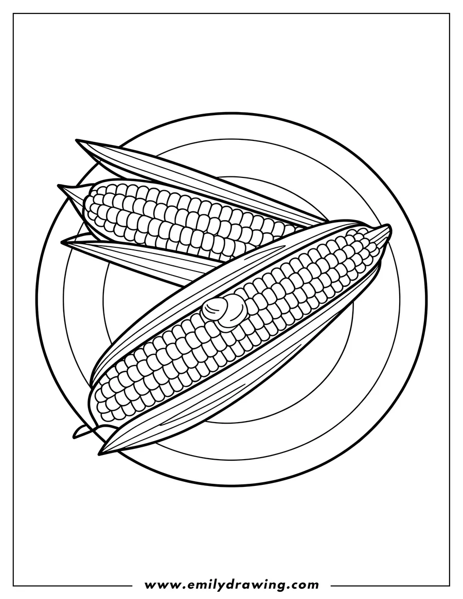 Outline of two ears of corn on the cob, placed on a circular plate.