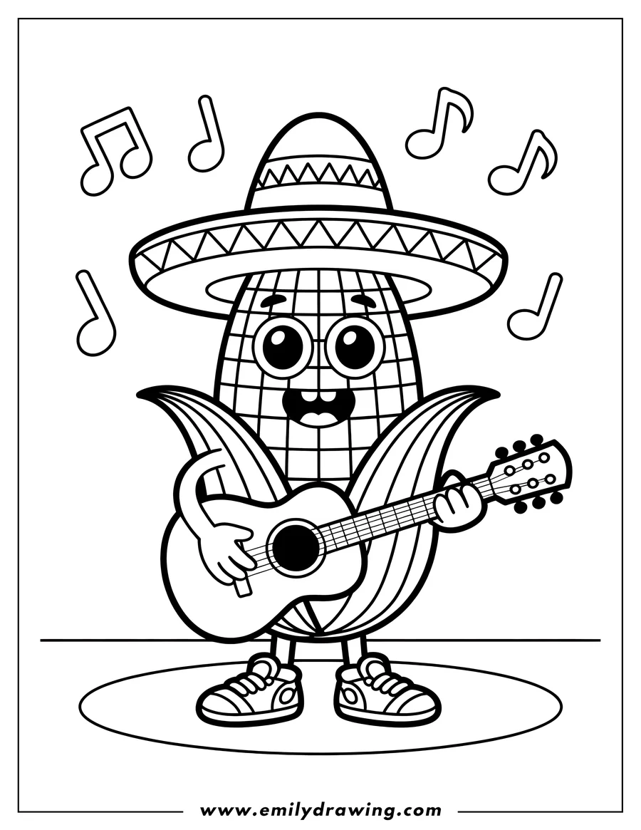 Line art of an ear of corn wearing a sombrero and playing a guitar with musical notes surrounding it.