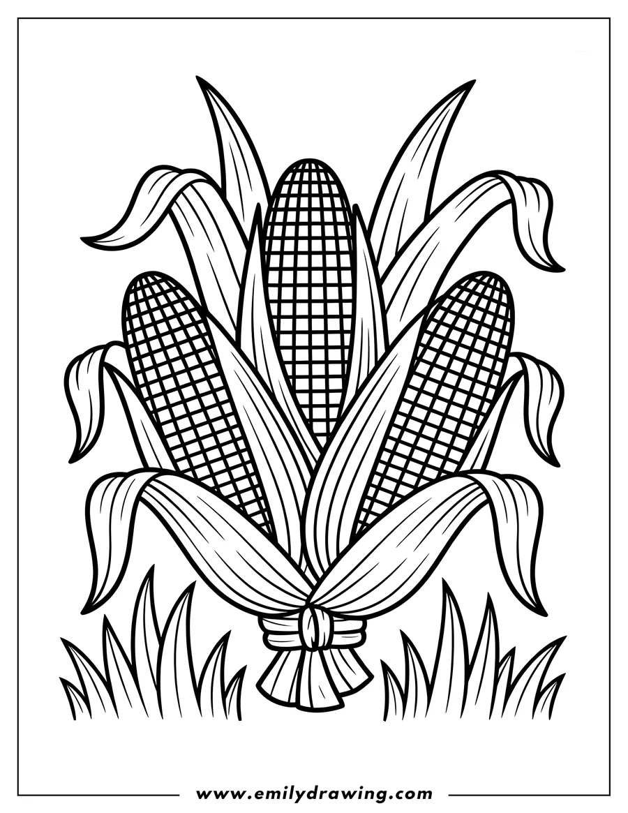 Line art of three corn stalks tied together with a bow and placed in the grass.