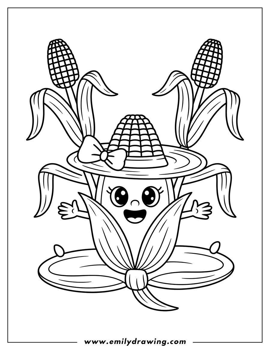 Outline of a cheerful corn cob character wearing a corn husk hat with a bow, surrounded by corn stalks.