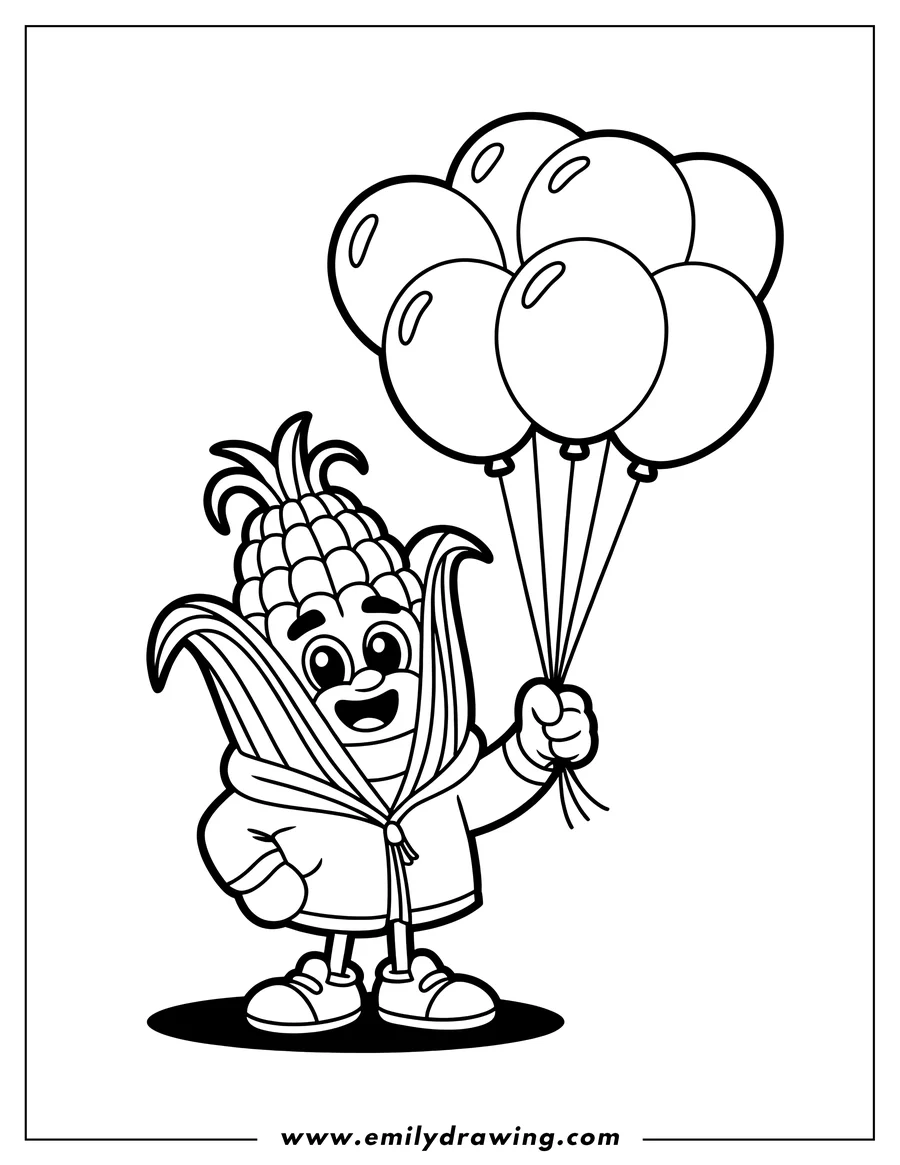 Line art of an ear of corn wearing a jacket and holding balloons.  It looks happy and ready to celebrate.