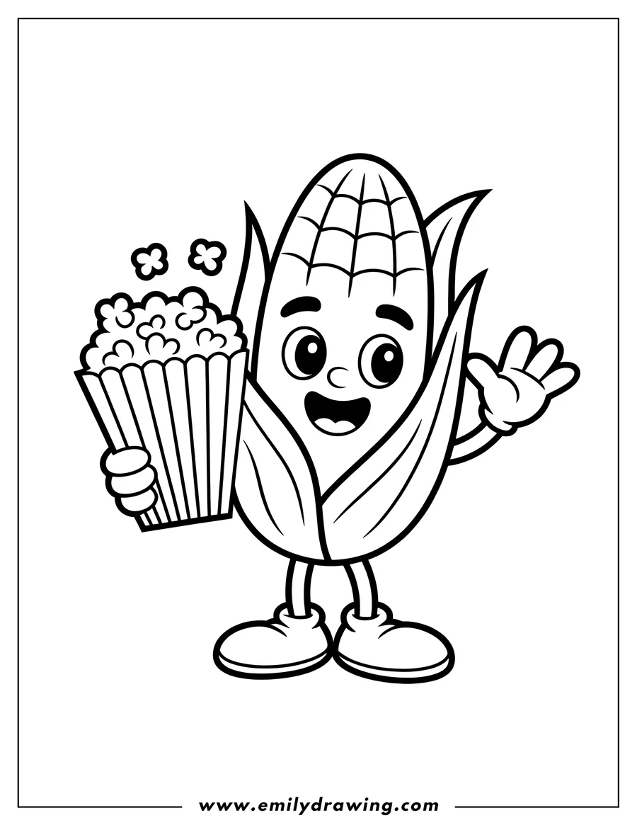 Line art of a cheerful corn cob character holding a bucket of popcorn and waving.