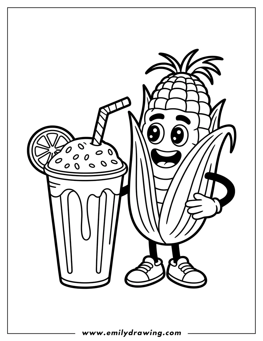 Line art of a cheerful corn cob character wearing sneakers and gloves, holding a glass of smoothie with an orange slice.