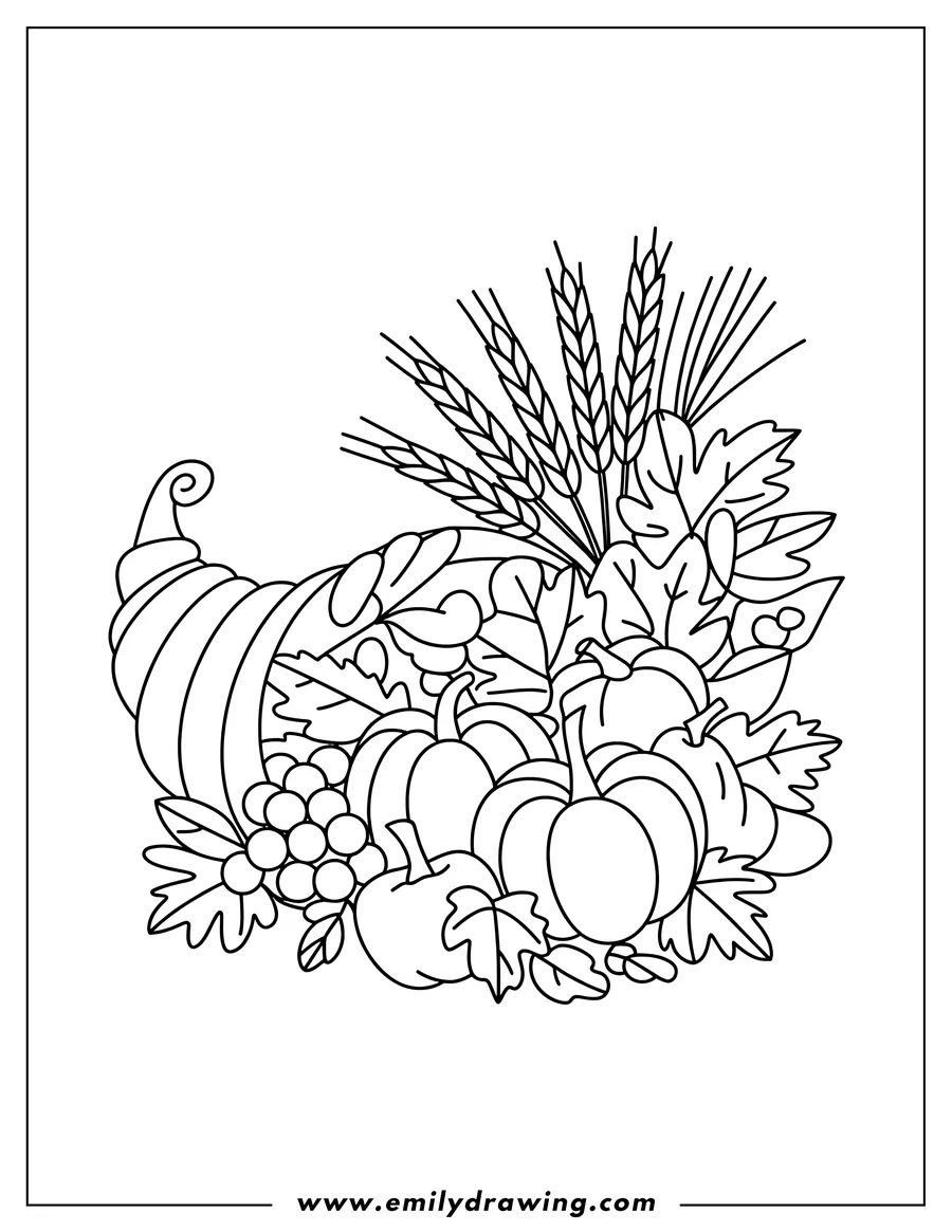 Line art of a cornucopia overflowing with pumpkins, grapes, wheat, and autumn leaves.