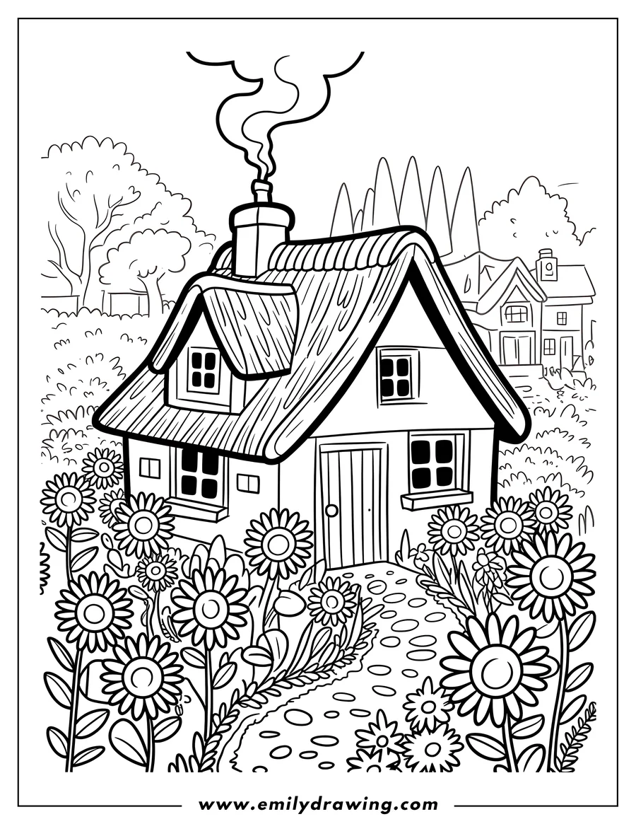 Outline of a charming cottage surrounded by sunflowers, with smoke curling from its chimney. A path leads to the cottage door, and other houses are visible in the background.