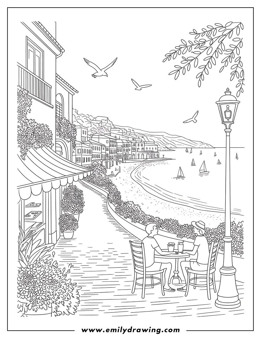 Outline of a couple sitting at a table outside a cafe, enjoying a seaside view with sailboats and birds flying overhead.