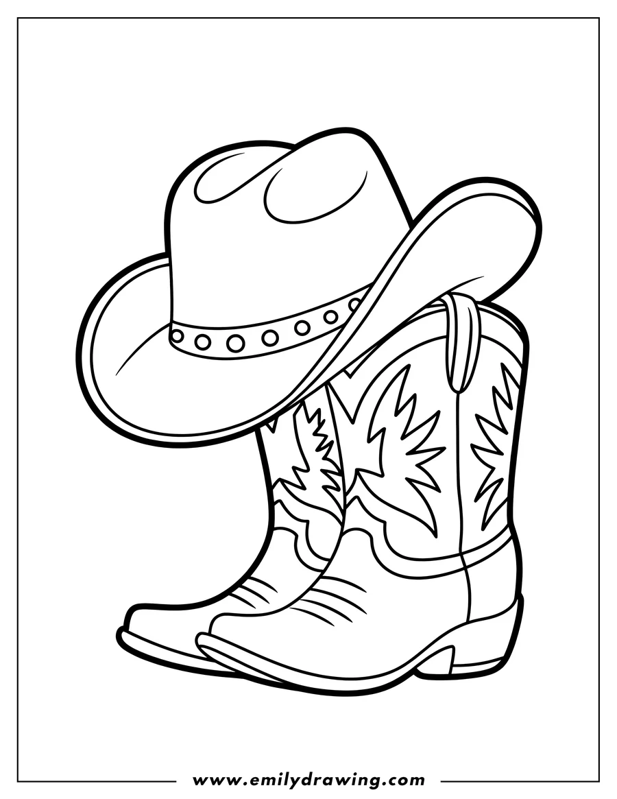 Line art of a cowboy hat resting on a pair of cowboy boots, ready to be colored.