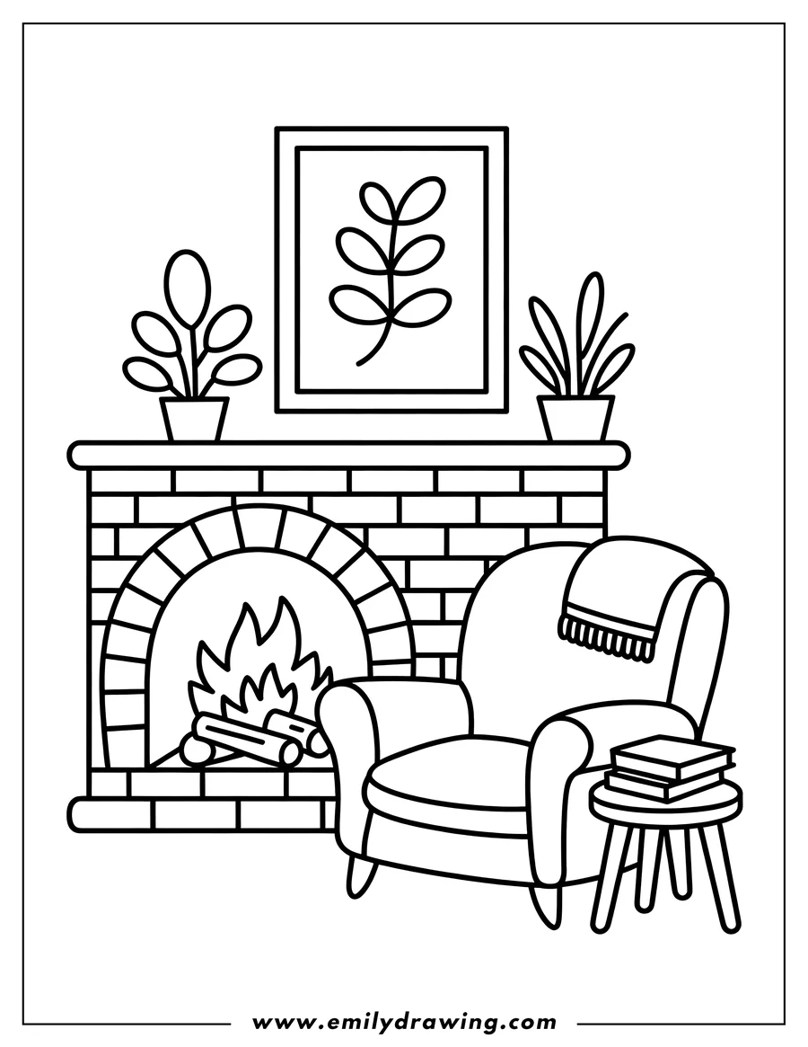 Outline of a cozy armchair placed near a fireplace with a burning fire. A small table with books sits beside the chair, and potted plants and framed art decorate the mantelpiece.