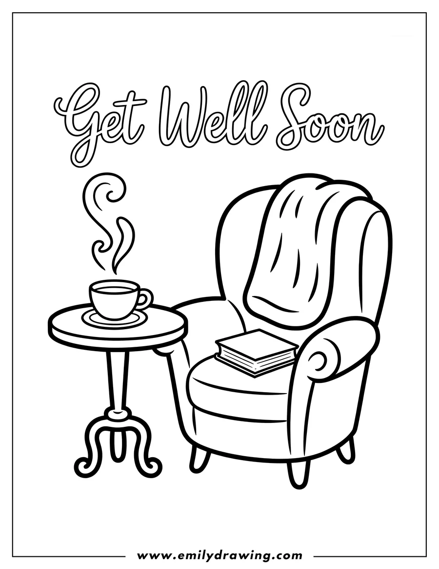 Line art of a cozy armchair with a blanket draped over it, a book resting on the arm, and a small table beside it with a steaming cup or mug.