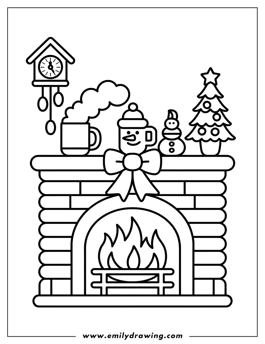 Line art illustration of a cozy Christmas fireplace scene with a lit fire, a snowman mug, a steaming cup, a small Christmas tree, and a cuckoo clock.