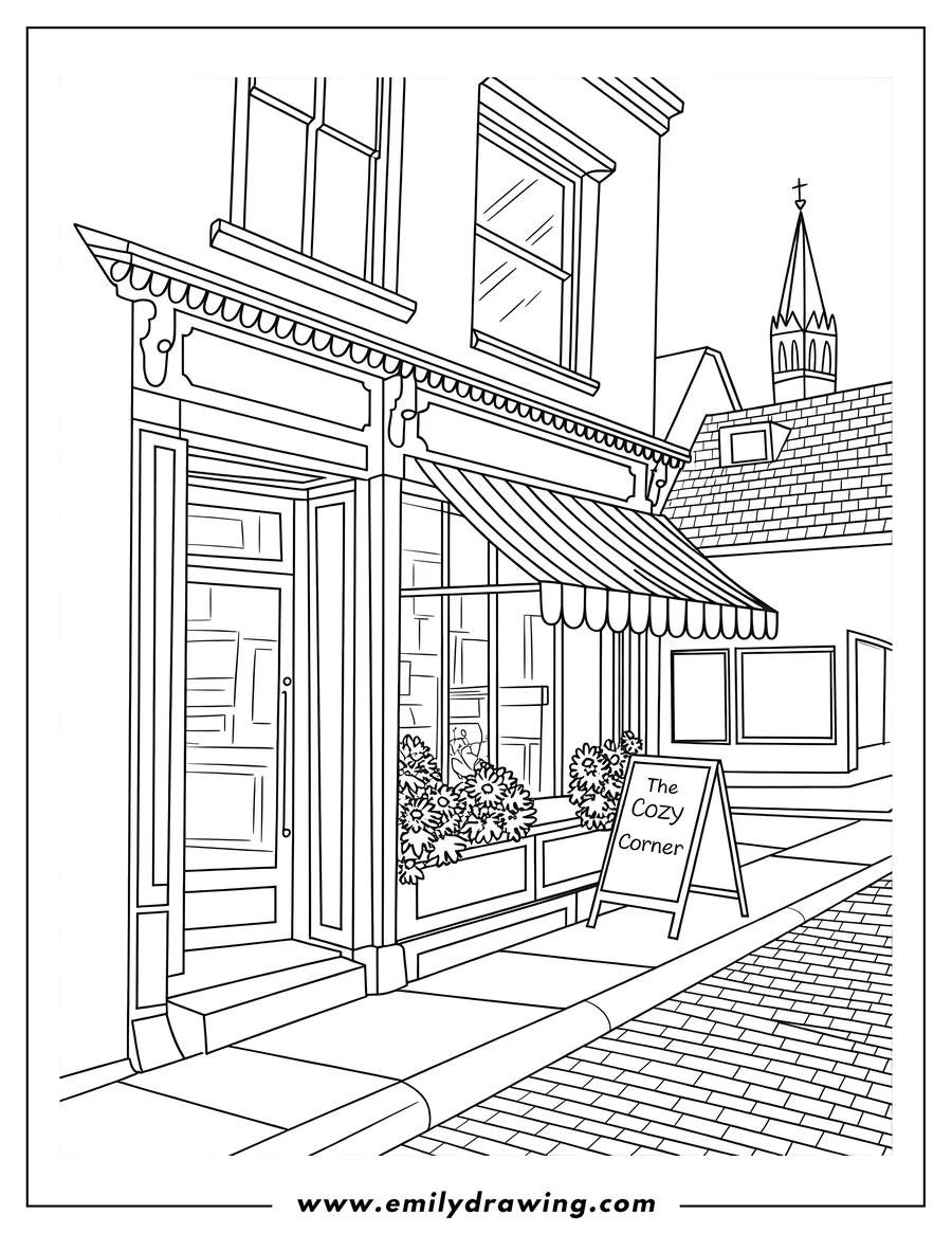 Outline of a cozy corner store with a striped awning and flower boxes in the windows. A sign reads