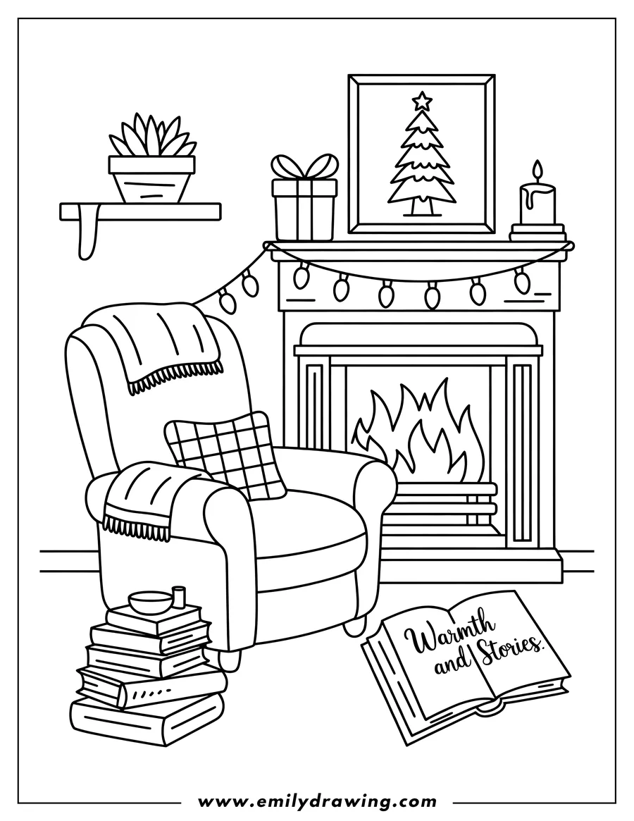 Outline of a cozy living room scene with an armchair by a fireplace, decorated for Christmas.