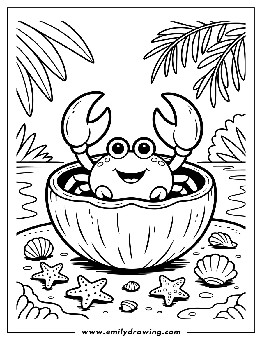Outline of a smiling crab sitting inside a coconut shell on a beach with starfish and seashells around.