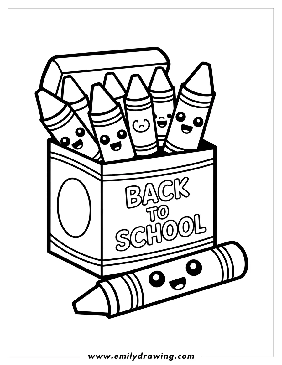 Outline of a box of crayons with cute faces, labeled 'Back to School', and one crayon outside the box.