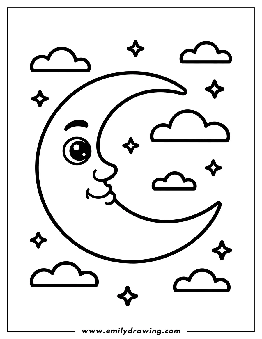 Line art of a smiling crescent moon surrounded by fluffy clouds and twinkling stars.