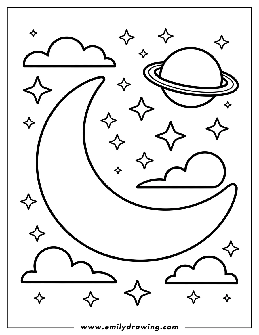 Outline of a crescent moon, a ringed planet like Saturn, stars, and clouds.