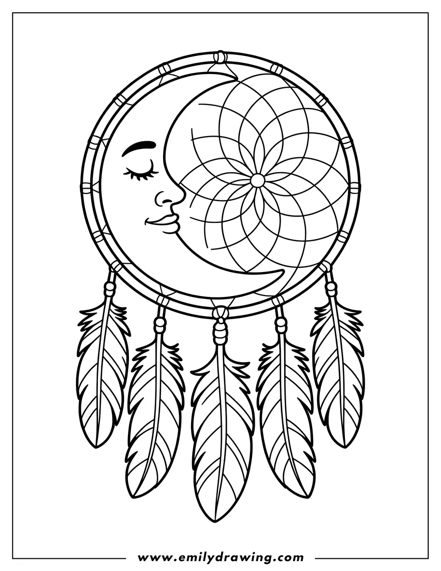 Line art of a crescent moon dream catcher.  The crescent moon forms the top of the dream catcher's circular frame. Feathers hang from the bottom of the frame.