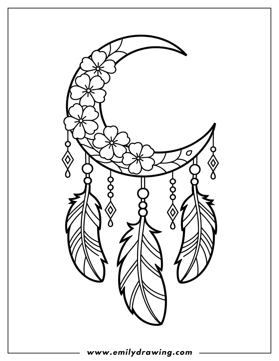 Line art of a crescent moon decorated with flowers and dangling feathers with beads.