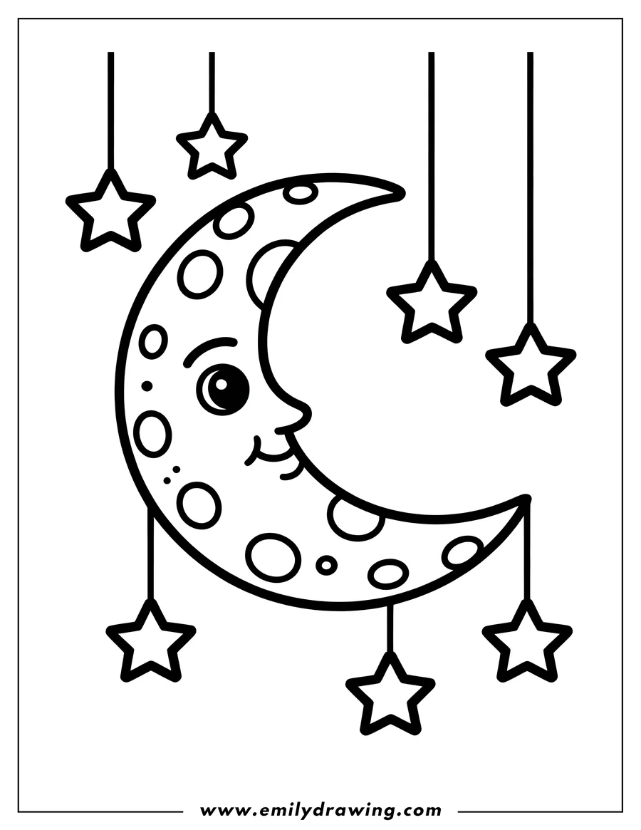 Outline of a smiling crescent moon with stars hanging from it, creating a whimsical celestial scene.