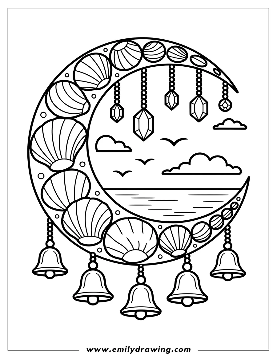 Line art of a crescent moon decorated with seashells. Crystals and bells hang from the moon. The ocean and birds are visible in the background.