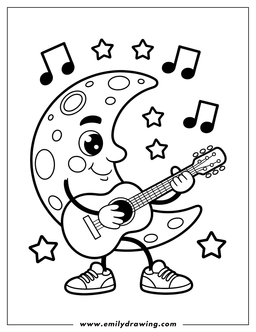 Outline of a cheerful crescent moon strumming a guitar and wearing sneakers, surrounded by musical notes and stars. Perfect for a space-themed coloring activity.