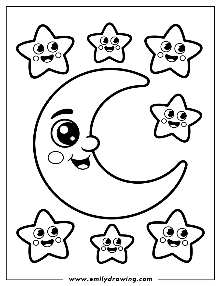 Line art of a smiling crescent moon surrounded by happy stars.