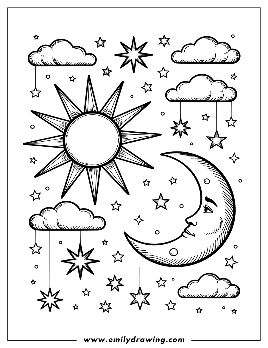 Line art illustration of a crescent moon with a face, a stylized sun, numerous stars, and fluffy clouds. Ideal for a coloring activity.