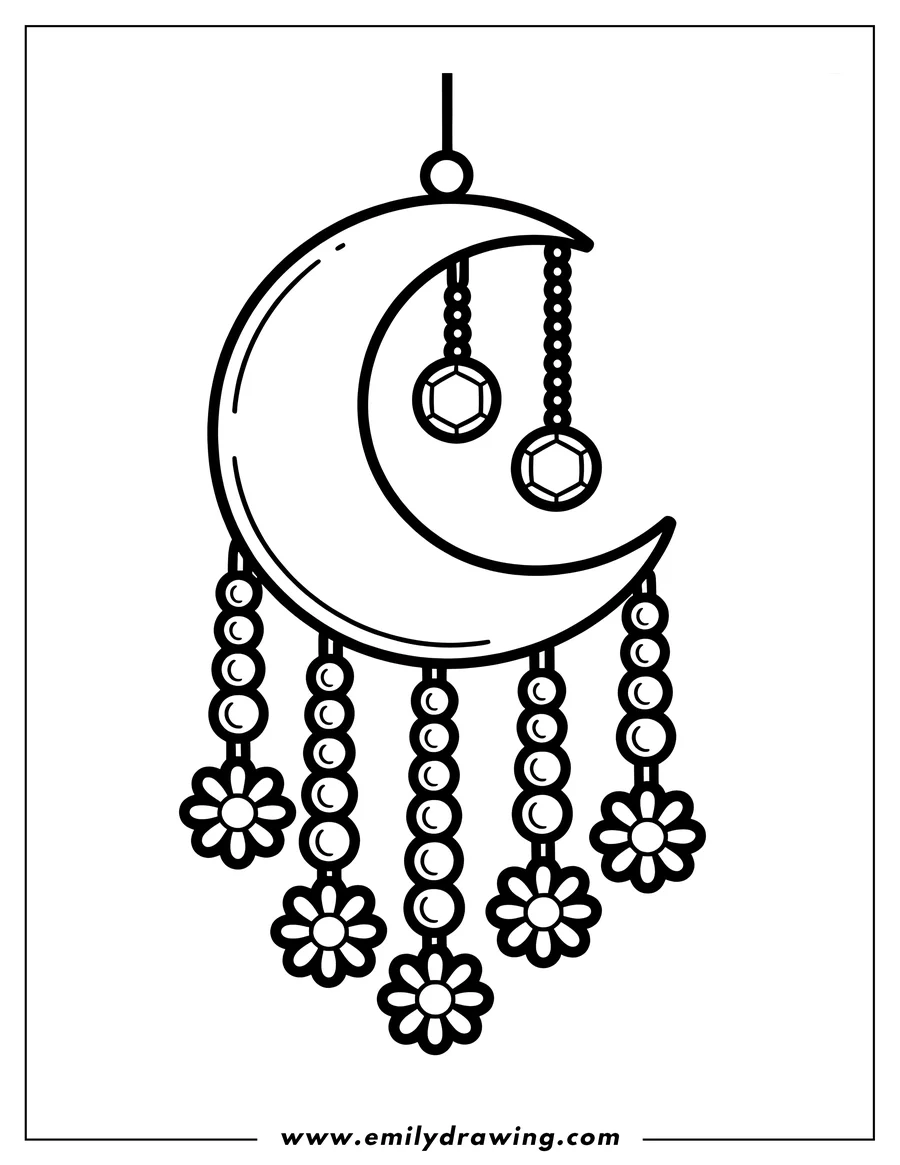 Outline of a crescent moon wind chime with hanging beads and flowers.