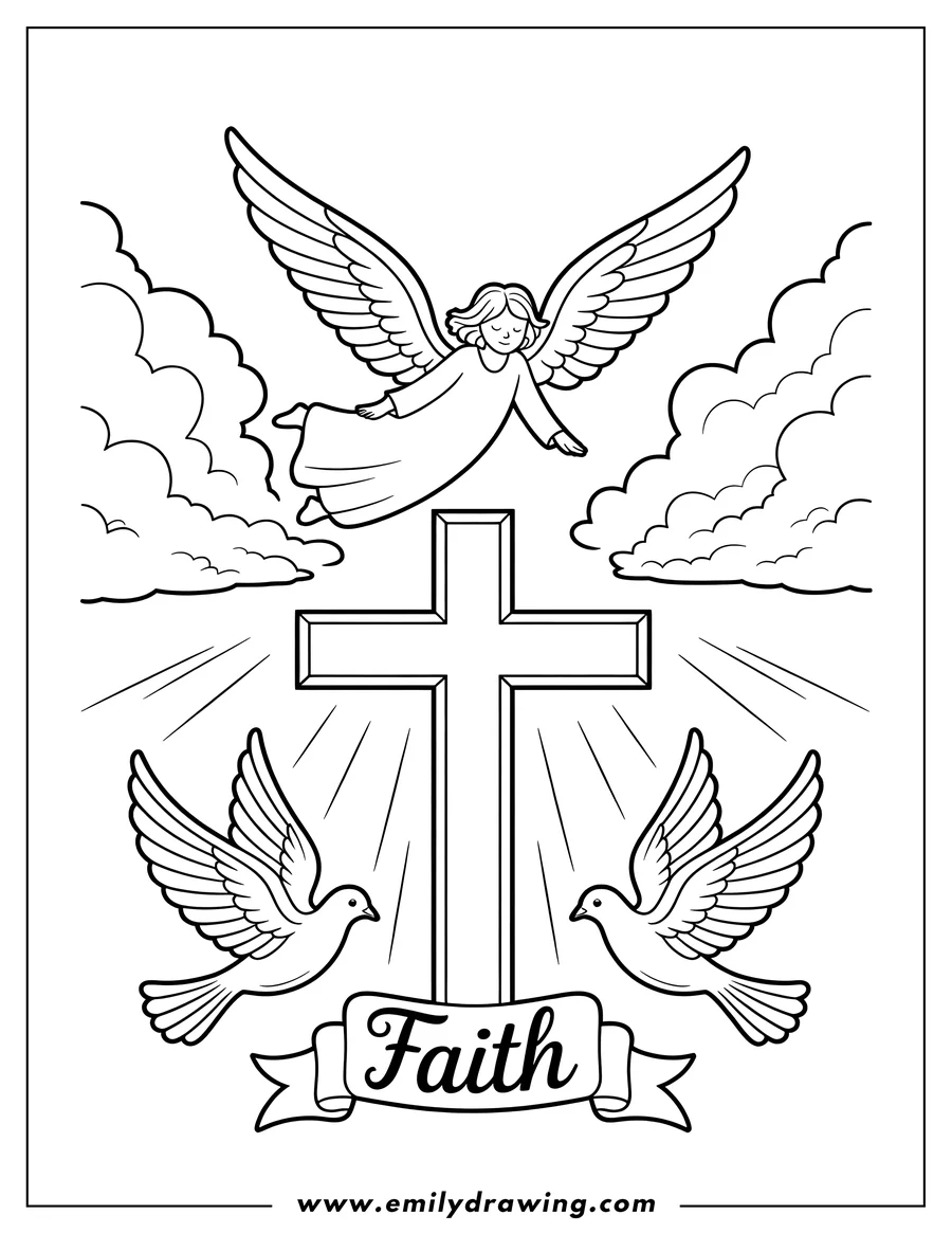 Outline of a Christian cross with a winged angel flying above it in the clouds. Two doves are flying below the cross, holding a banner that reads Faith.