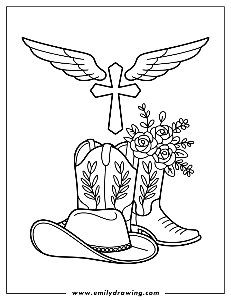 Line art featuring a cross with angel wings positioned above decorated cowboy boots, a bouquet of roses, and a resting cowboy hat.