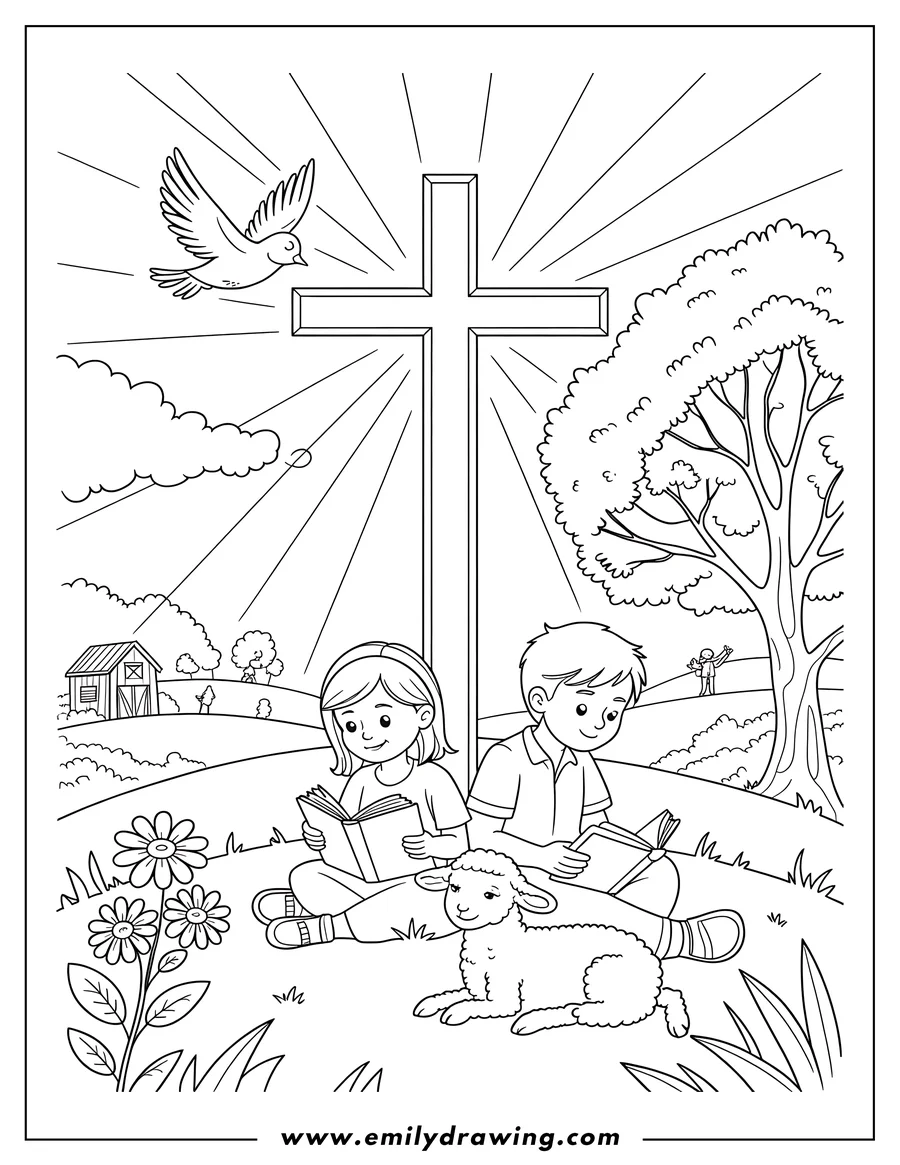 Outline art depicting a boy and girl sitting in a scenic field reading books, accompanied by a lamb resting beside them. A large cross rises behind them, emitting light rays, with a dove flying near the top.