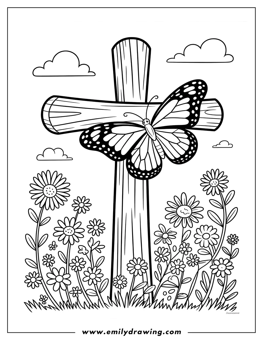 Outline of a rustic wooden cross standing in a field of daisies and various wildflowers. A large monarch-style butterfly is resting on the horizontal beam of the cross.