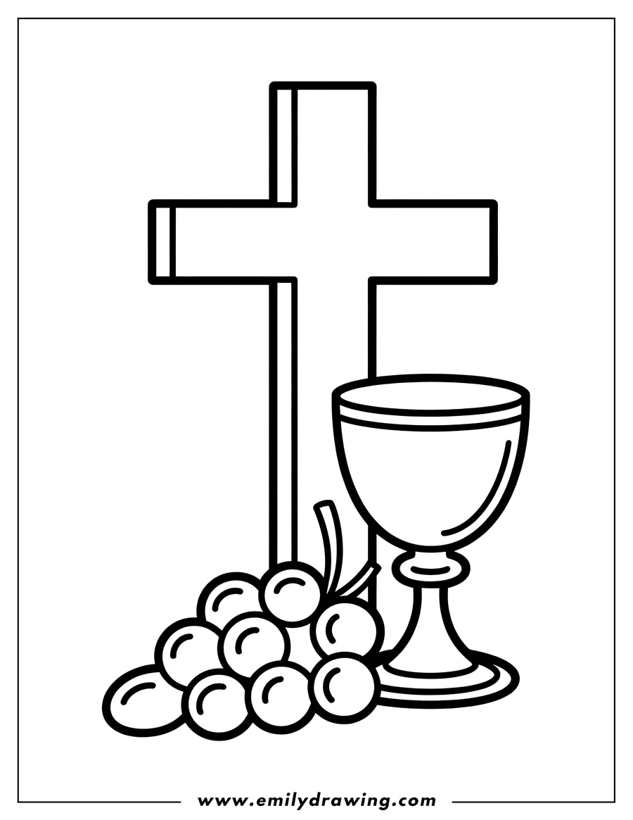 Line art outline featuring a Christian cross standing behind a communion chalice and a cluster of grapes, symbolizing the Eucharist.