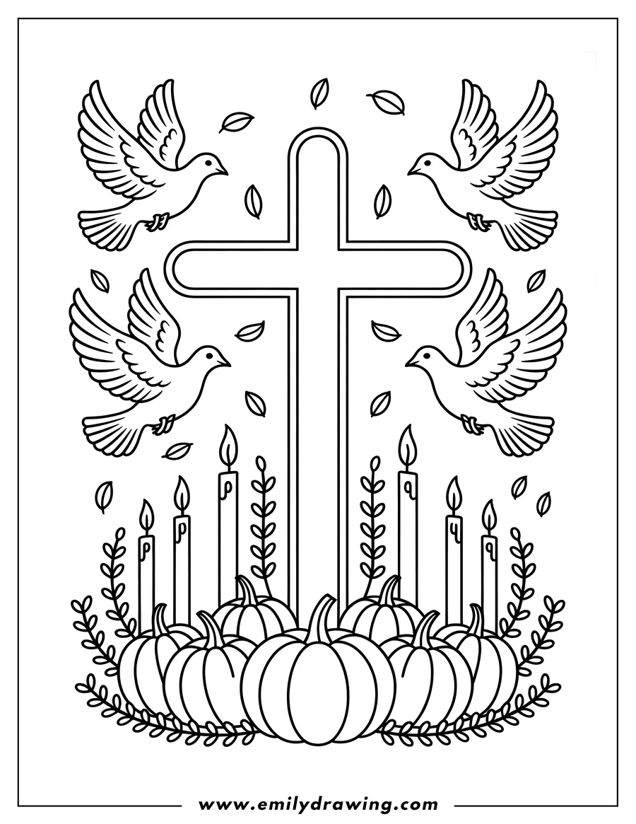 Outline of a Christian cross flanked by four flying doves, set above a row of pumpkins and burning candles, surrounded by autumn leaves.