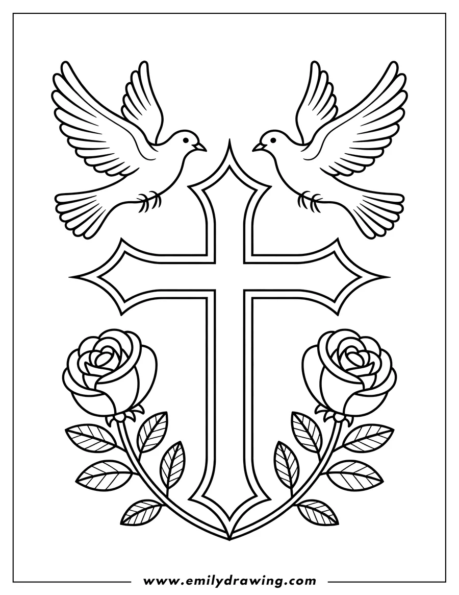 Outline of a decorative Christian cross accented by two flying doves at the top and two blooming roses with leaves symmetrically framing the bottom base.