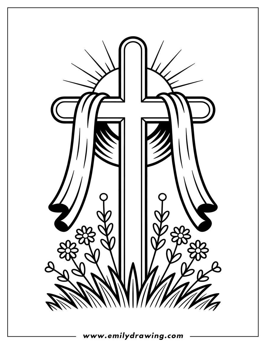 Outline of a Christian cross draped with a flowing shroud, set against a radiating sunburst, standing in a patch of grass and small spring flowers.
