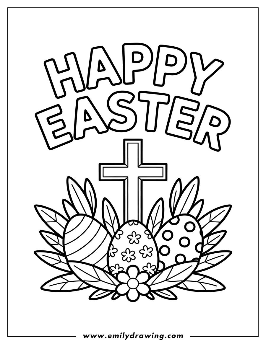 Line art showing a cross standing behind three patterned Easter eggs surrounded by leaves and a flower, topped with the phrase