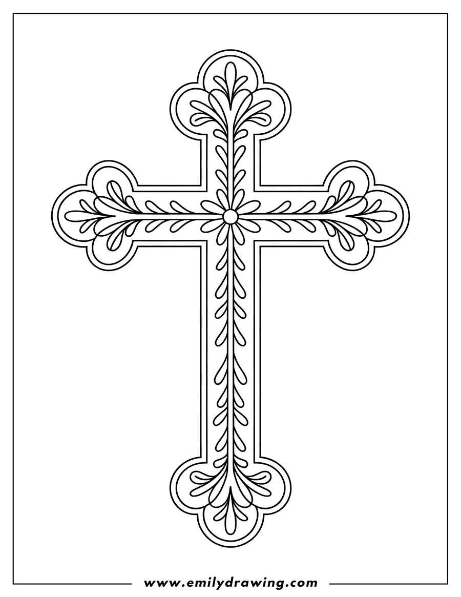 Outline of a decorative Christian cross featuring intricate floral, vine, and leaf patterns along its length, centered around a small flower design.