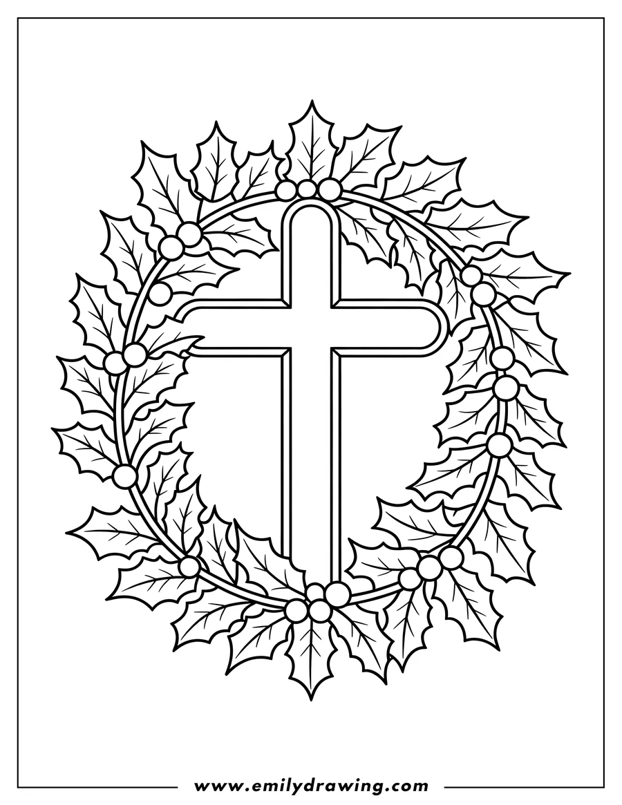 Line art of a religious cross centered within a detailed holly wreath featuring leaves and berries.