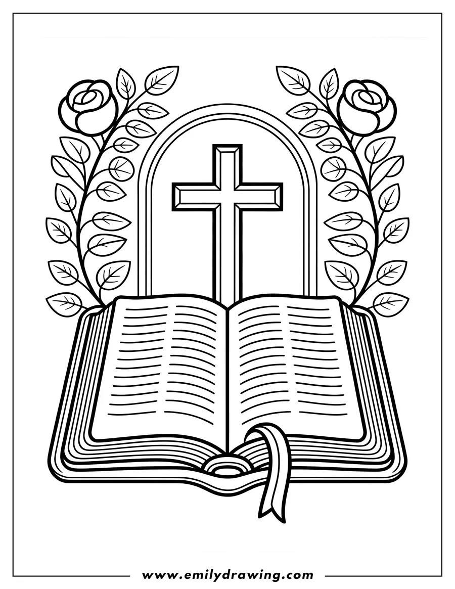 Line art of an open Bible displaying text, featuring a Christian cross centered behind it, framed on both sides by long vines with roses and leaves.